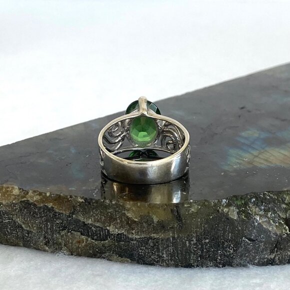 Sterling Silver 925 Oval Faceted Green Cubic Zirconia Scrollwork Ring Sz 4.75 - Picture 7 of 16